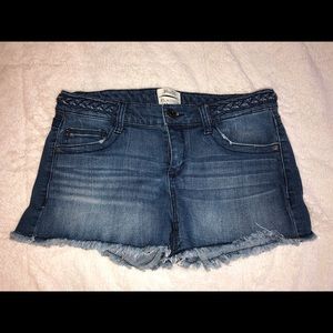 Frayed, dark wash jean shorts